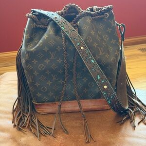 Upcycled Louis Vuitton Brown Monogram Shoulder Bag with Fringe